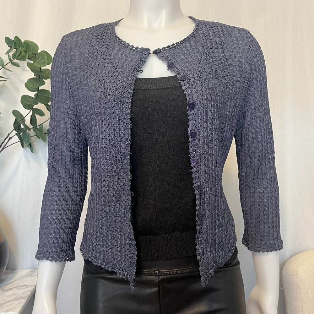Vtg Only Hearts NYC Holt Renfrew Blue Cardigan Open Front Button Patterned |